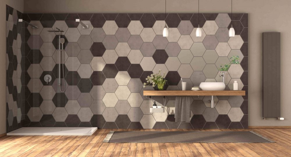 nowoczesna łazienka z płytkami hexagonalnymi